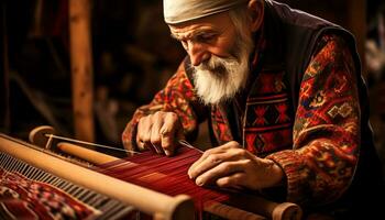 un vecchio uomo è tessitura un' tappeto su un' telaio ai generato foto