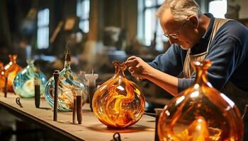 un' uomo è Lavorando su un' orologio nel un' laboratorio ai generato foto