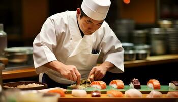 un' capocuoco è preparazione Sushi su un' taglio tavola ai generato foto