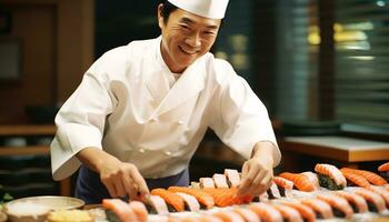 un' capocuoco è preparazione Sushi su un' taglio tavola ai generato foto