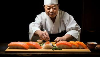 un' capocuoco è preparazione Sushi su un' taglio tavola ai generato foto