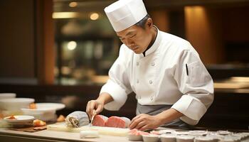 un' capocuoco è preparazione Sushi su un' taglio tavola ai generato foto