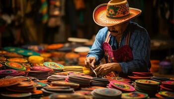 un' uomo nel un' cappello è Lavorando su un' tavolo con colorato cappelli ai generato foto