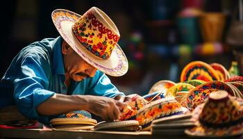 un' uomo nel un' cappello è Lavorando su un' tavolo con colorato cappelli ai generato foto