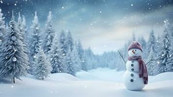 contento pupazzo di neve in piedi nel Natale paesaggio con copia spazio. generativo ai. foto