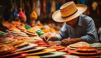 un' uomo nel un' cappello è Lavorando su un' tavolo con colorato cappelli ai generato foto