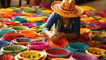 un' uomo nel un' cappello è Lavorando su un' tavolo con colorato cappelli ai generato foto