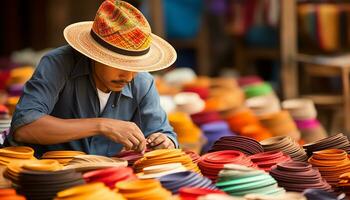 un' uomo nel un' cappello è vendita colorato elementi ai generato foto