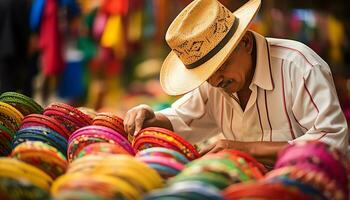 un' uomo nel un' cappello è vendita colorato elementi ai generato foto