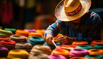 un' uomo nel un' cappello è vendita colorato elementi ai generato foto