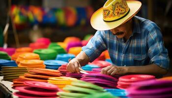 un' uomo nel un' cappello è vendita colorato elementi ai generato foto