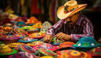 un' uomo nel un' cappello è vendita colorato elementi ai generato foto