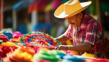 un' uomo nel un' cappello è vendita colorato elementi ai generato foto