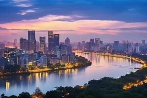 paesaggio urbano di Chongqing a crepuscolo, Cina. lungo esposizione, Hanoi orizzonte paesaggio urbano a crepuscolo periodo. causa giay parco, ovest di hanoi, ai generato foto