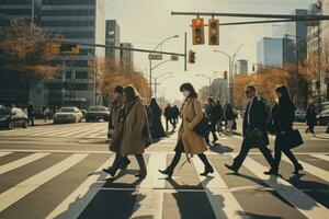 un' gruppo di persone attraversamento un' attraversamento pedonale su un' piovoso giorno, persone attraversare il strada, ai generato foto