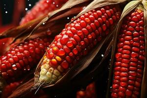 rosso Mais su un' buio sfondo. selettivo messa a fuoco. tonica, immaginare ricreazione artistico di pannocchie Mais nel un' campo di mais con rosso Mais cereali con gocce pioggia scorrevole, ai generato foto