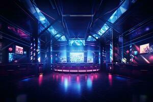 3d resa. futuristico interno di un' discoteca con neon luci, interno di un' notte club con luminosa luci. notte club. un' decorato notte club con elegante divani e colorato, ai generato foto