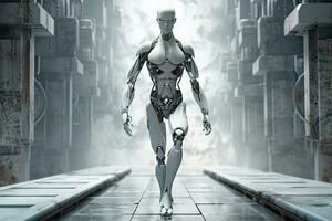 cyborg femmina robot nel futuristico spazio. 3d interpretazione e illustrazione, umanoide robot passeggiate attraverso il il quarto dimensione spazio , ai generato foto