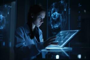 giovane femmina medico guardare a raggi X Immagine di cervello nel medico ufficio, un' femmina medico con un' tavoletta controllo su medico informazione, ai generato foto
