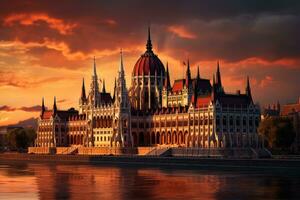 ungherese parlamento edificio a tramonto, budapest, Ungheria, Europa, ungherese parlamento, budapest a tramonto, ai generato foto