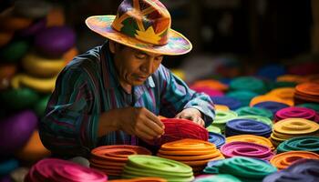 un vecchio uomo nel un' cappello è Lavorando su un' corda di filato ai generato foto