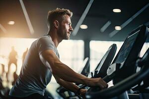 lato Visualizza di bello giovane uomo Lavorando su su un' routine nel un' palestra, uomo Lavorando su fitness macchina a il palestra, superiore sezione ritagliato, ai generato foto