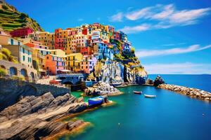 colorato villaggio di Manarola nel cinque terre, Italia, Manarola tradizionale tipico italiano villaggio nel nazionale parco cinque terre, colorato multicolore edifici case su roccia scogliera, ai generato foto