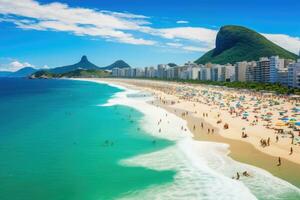 aereo Visualizza di copacabana spiaggia nel rio de janeiro, brasile, copacabana spiaggia nel rio de janeiro, brasile. copacabana spiaggia è il maggior parte famoso spiaggia di rio de janeiro, brasile, ai generato foto