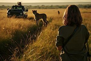 donna guardare a ghepardo nel masai mara nazionale parco, kenya, posteriore Visualizza di fotografo assunzione immagine di ghepardo nel masai mara, kenya, ai generato foto