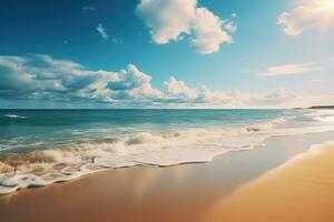 tropicale spiaggia con blu cielo e bianca nuvole. natura sfondo, sagome di turisti godendo il nero sabbia spiaggia e oceano onde, ai generato foto