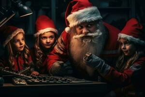Santa Claus e il suo bambini giocando computer Giochi a casa. Natale e nuovo anno concetto, Santa clausola e il suo minuscolo lavoratore elfi nel il officina. nord pole.movie stile, ai generato foto