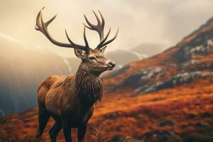 rosso cervo nel il Highlands di Scozia, UK. autunno stagione, cervo nel il selvaggio HD 8 mila sfondo azione fotografico Immagine, ai generato foto