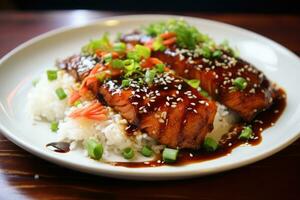 salmone teriyaki nel teriyaki salsa servito con Riso, salmone soia salsa pasto, ai generato foto