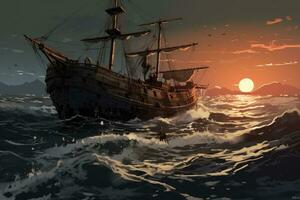 pirata nave nel il mare a tramonto. 3d illustrazione, piccolo nave, mare, orrore, scuro, digitale arte, discoteca elisio , ai generato foto