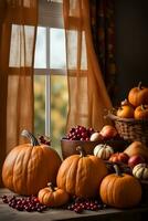 zucche e frutta con autunno decorazioni su un' di legno tavolo vicino il finestra con Aperto tende. ai generativo foto