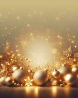 d'oro Natale sfondo con abete albero, d'oro palle, regalo scatole e decorazioni. ai generativo foto
