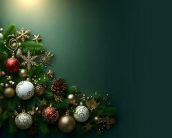 Natale decorazioni su verde sfondo, Natale saluti modello. ai generativo foto