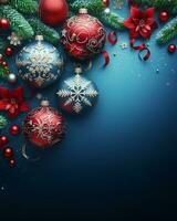 blu Natale sfondo con palle e abete ramo, decorazioni e fiocchi di neve, Natale saluti modello. ai generativo foto