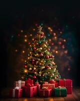 Natale albero con regali e luci su buio sfondo, Natale saluti modello. ai generativo foto