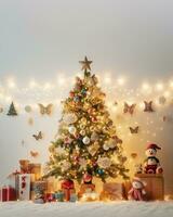 Natale albero con regali e luci su bianca sfondo, Natale saluti modello. ai generativo foto