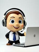 un' 3d giocattolo cartone animato uomo d'affari con cuffia Lavorando su il computer portatile su un' bianca sfondo. ai generato foto