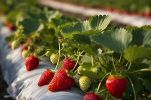 cespuglio di maturo biologico fragole nel il giardino. bacca avvicinamento. generativo ai foto