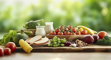 avvicinamento di la verdura, frutta, e carne su di legno tavolo al di sopra di verde naturale sfondo. generativo ai foto