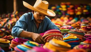 un vecchio uomo nel un' cappello è Lavorando su un' corda di filato ai generato foto