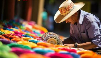 un' uomo nel un' colorato cappello è Lavorando su un' cappello ai generato foto