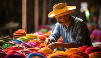 un' uomo nel un' colorato cappello è Lavorando su un' cappello ai generato foto