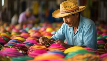 un vecchio uomo nel un' cappello è Lavorando su un' corda di filato ai generato foto