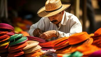 un' uomo nel un' colorato cappello è Lavorando su un' cappello ai generato foto