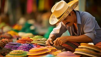 un' uomo nel un' colorato cappello è Lavorando su un' cappello ai generato foto