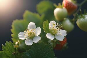 vicino su di un' fragola fiorire e frutta di ai generativo foto